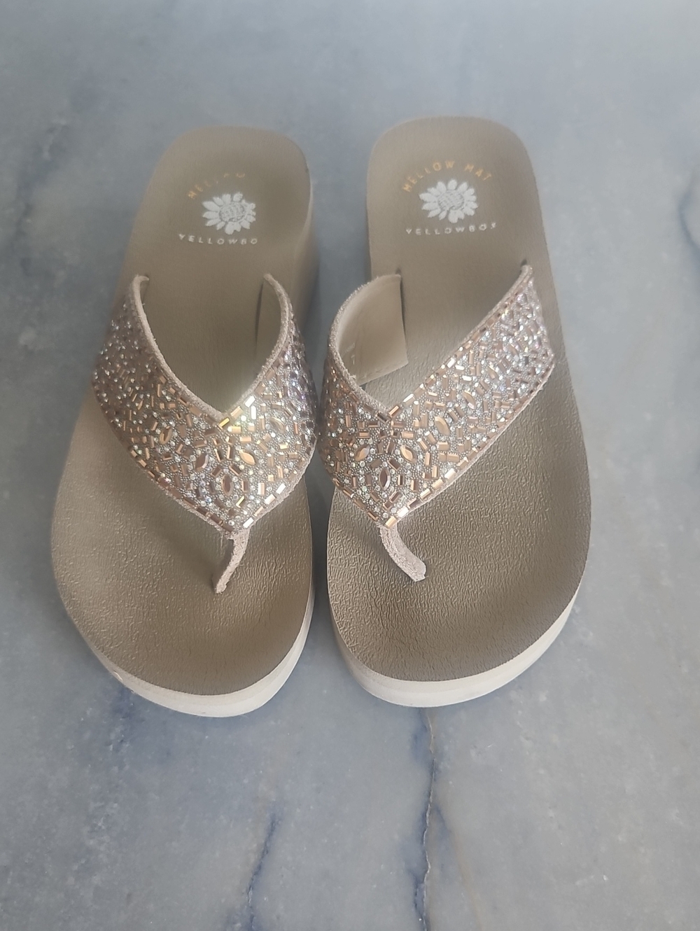 Yellow Box Sparkle Embellished Platform Thong Sandals — Blush Biege